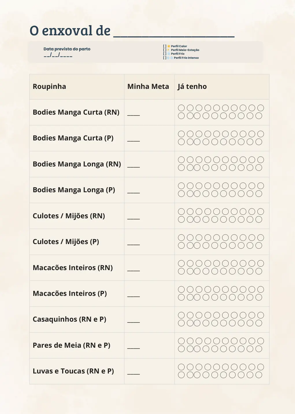 Folha de metas preenchível com as roupinhas dos tamanhos RN e P