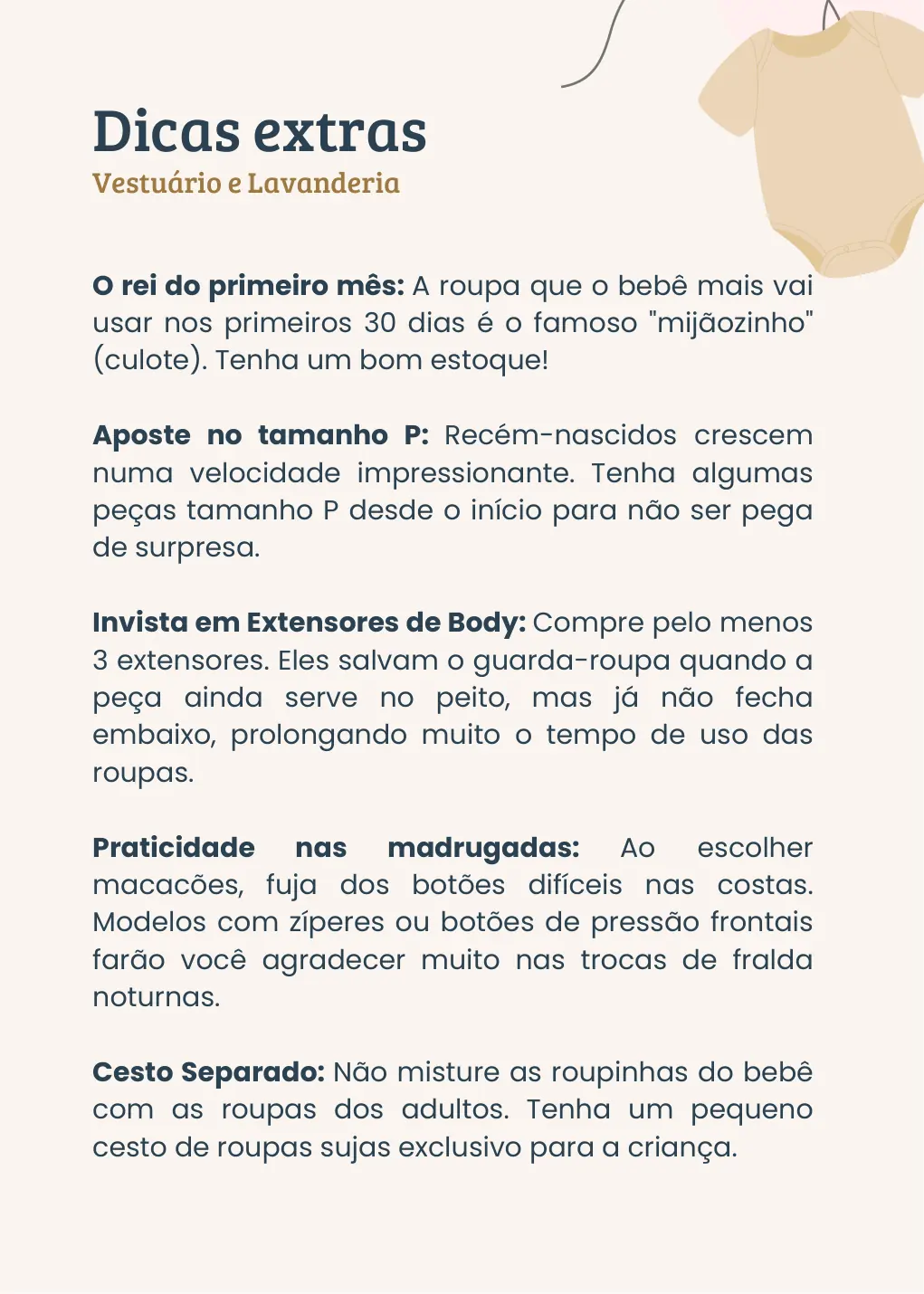 Página de dicas extras sobre vestuário e lavanderia