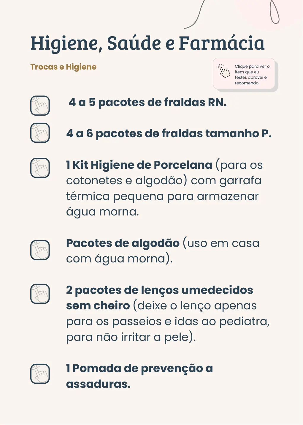 Página sobre trocas e higiene, com quantidades de fraldas e itens do kit