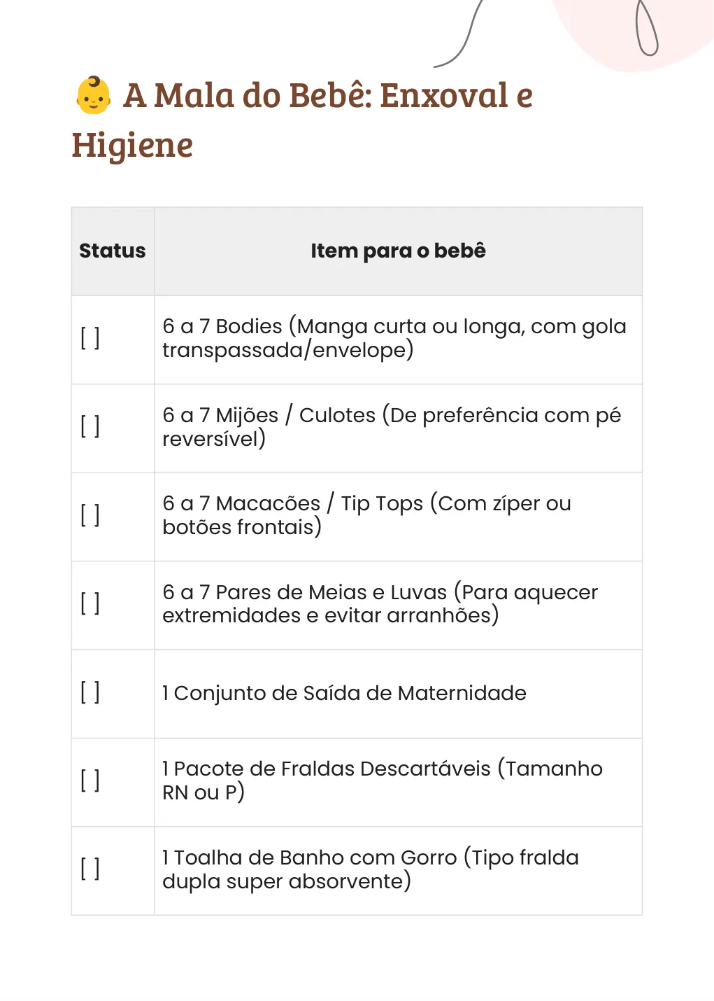Página da mala do bebê, com as quantidades de bodies, mijões e macacões para levar à maternidade